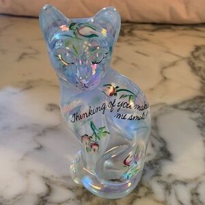 Fenton Iridescent Cat Sculpture Thinking of You Makes Me Smile Signed